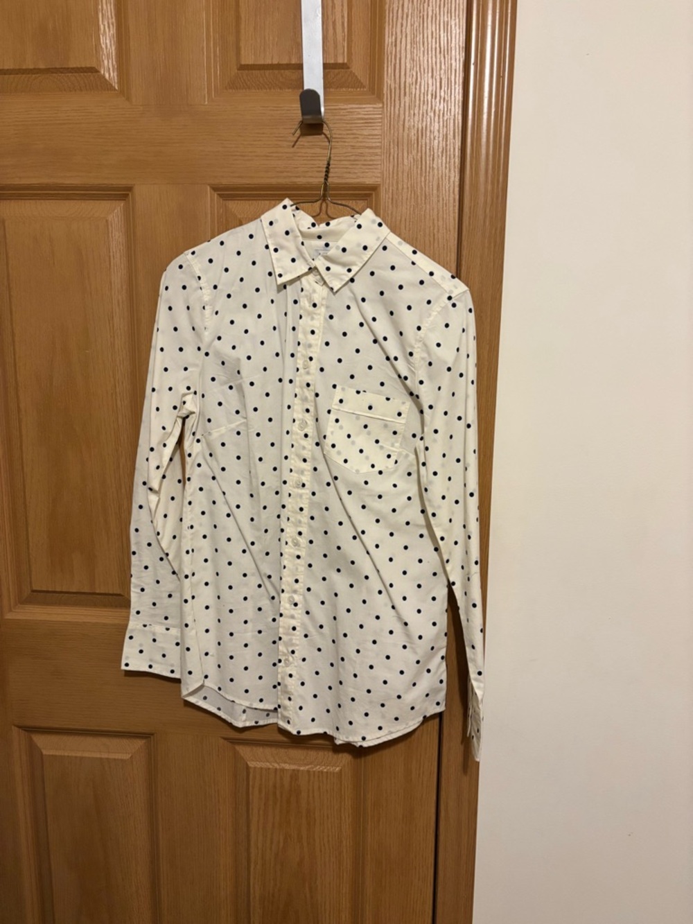 J. Crew Factory Cream Shirt with Navy Polka Dots